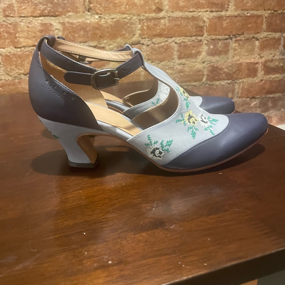 John Fluevog Navy and Light Blue Floral Heels